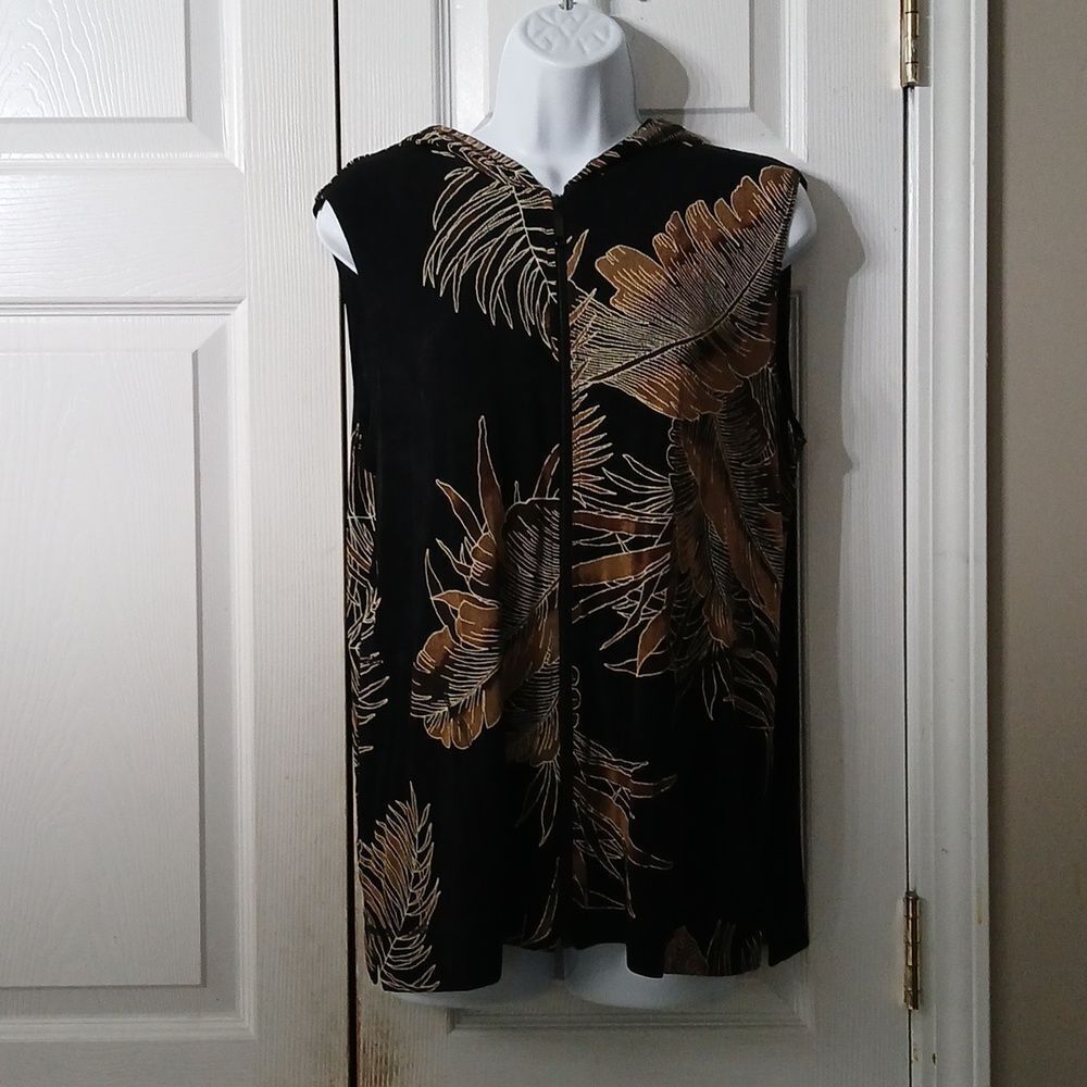 Chico's travelers black brown gold stretch hooded zip up vest Sz 2 Large
